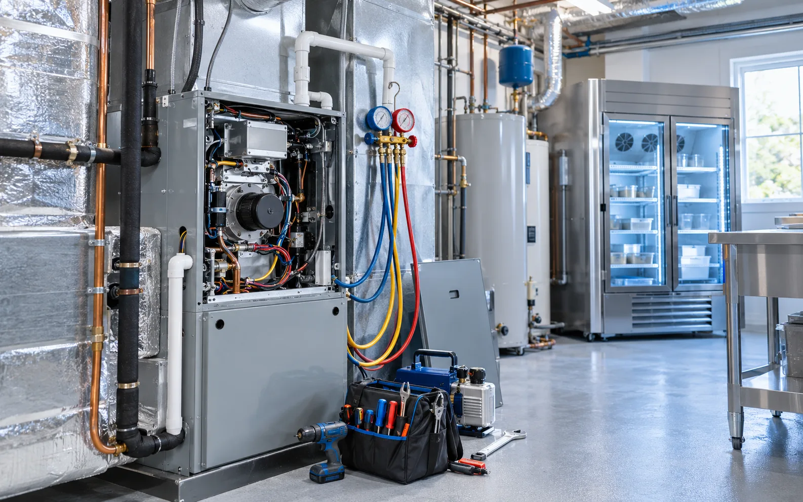 Open HVAC system with gauges and tools in a bright mechanical room.