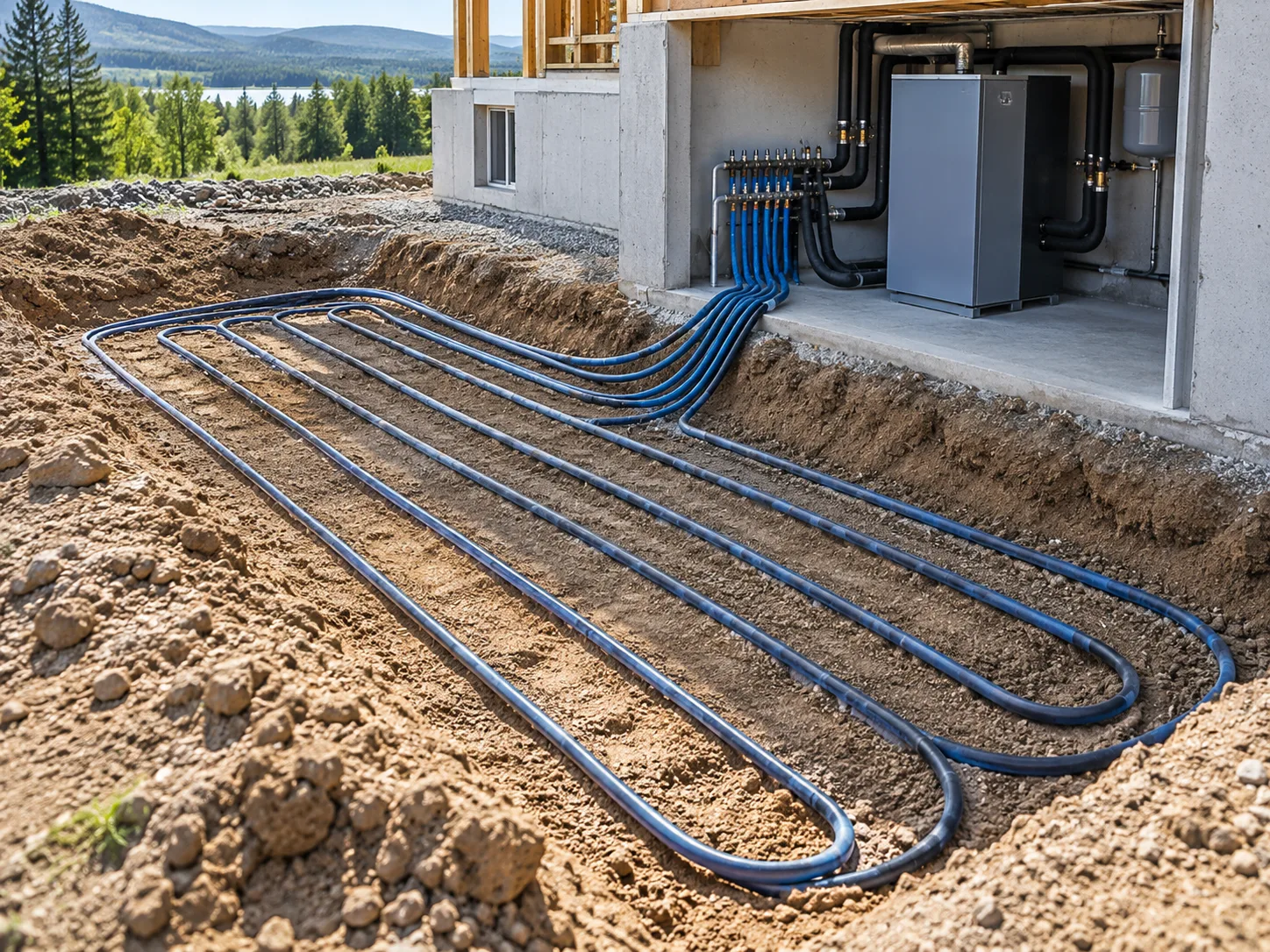 Geothermal ground loops leading to heat-pump equipment beside a foundation.