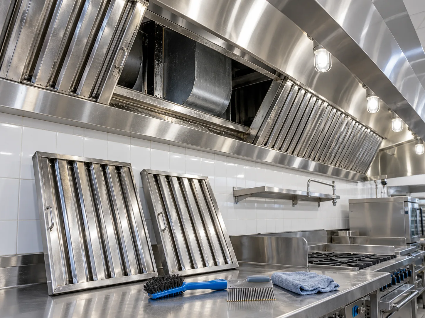 Commercial exhaust hood with removed baffle filters and cleaning tools.