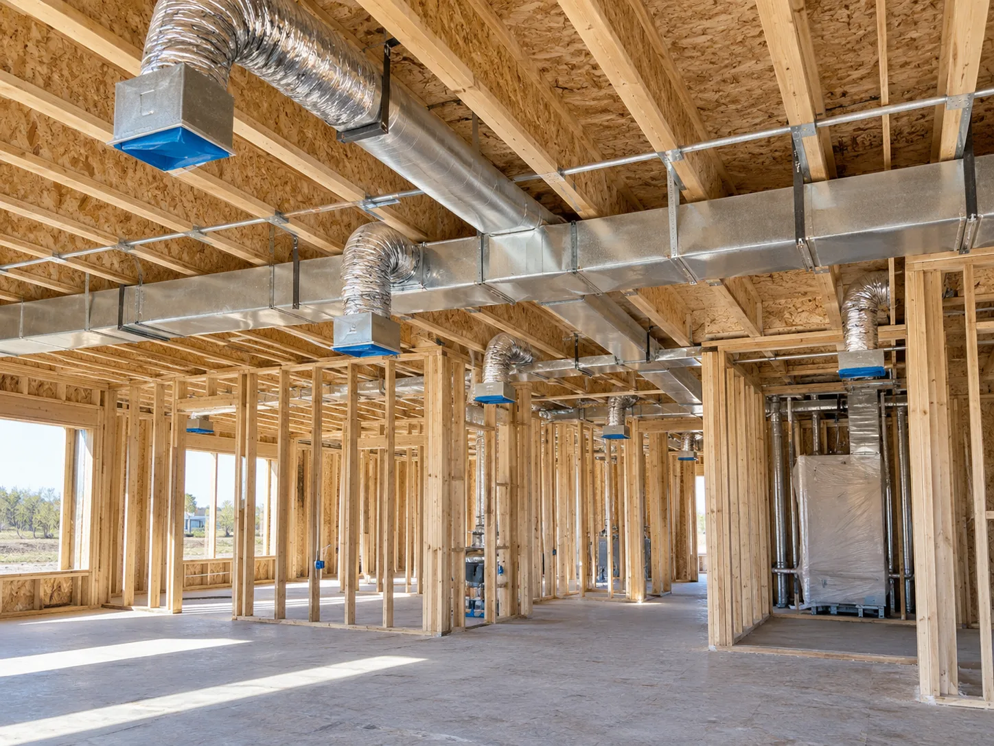 Exposed ductwork running through a wood-framed building under construction.