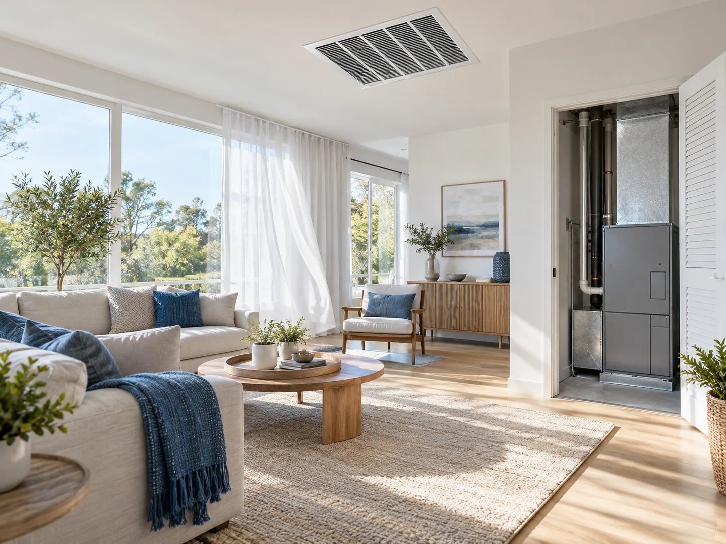 Bright living room with a ceiling vent and central air handler.