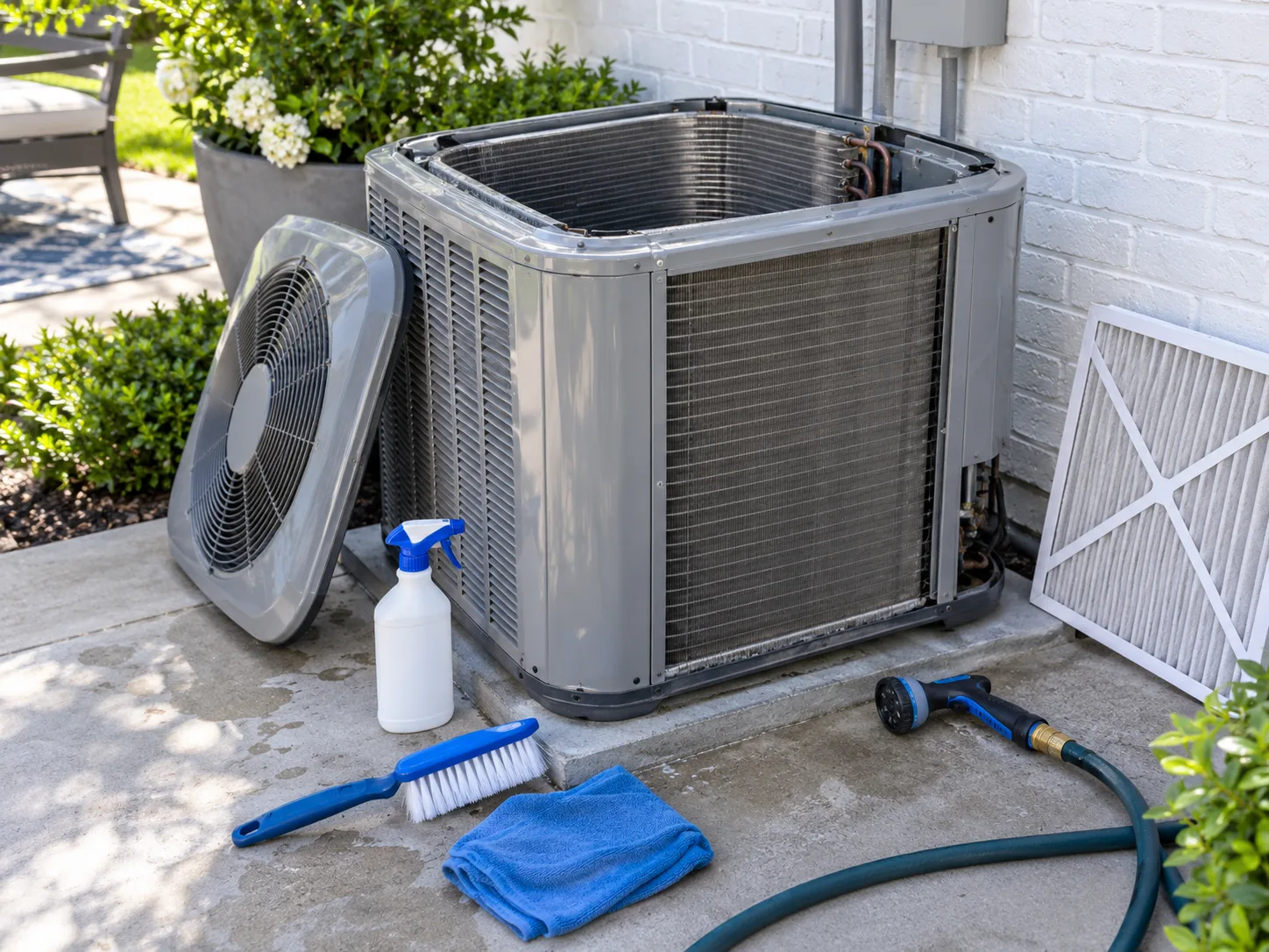 Outdoor condenser prepared for coil cleaning and filter replacement.